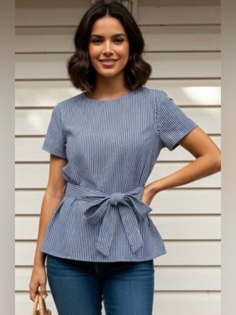 Final Touch Blue & White Striped Belted Short Sleeve Top Made in USA Size Small